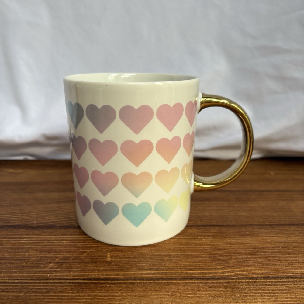 Paris Hilton Rainbow Hearts Mug Gold Handle Coffee Tea Cup Pastel Hearts